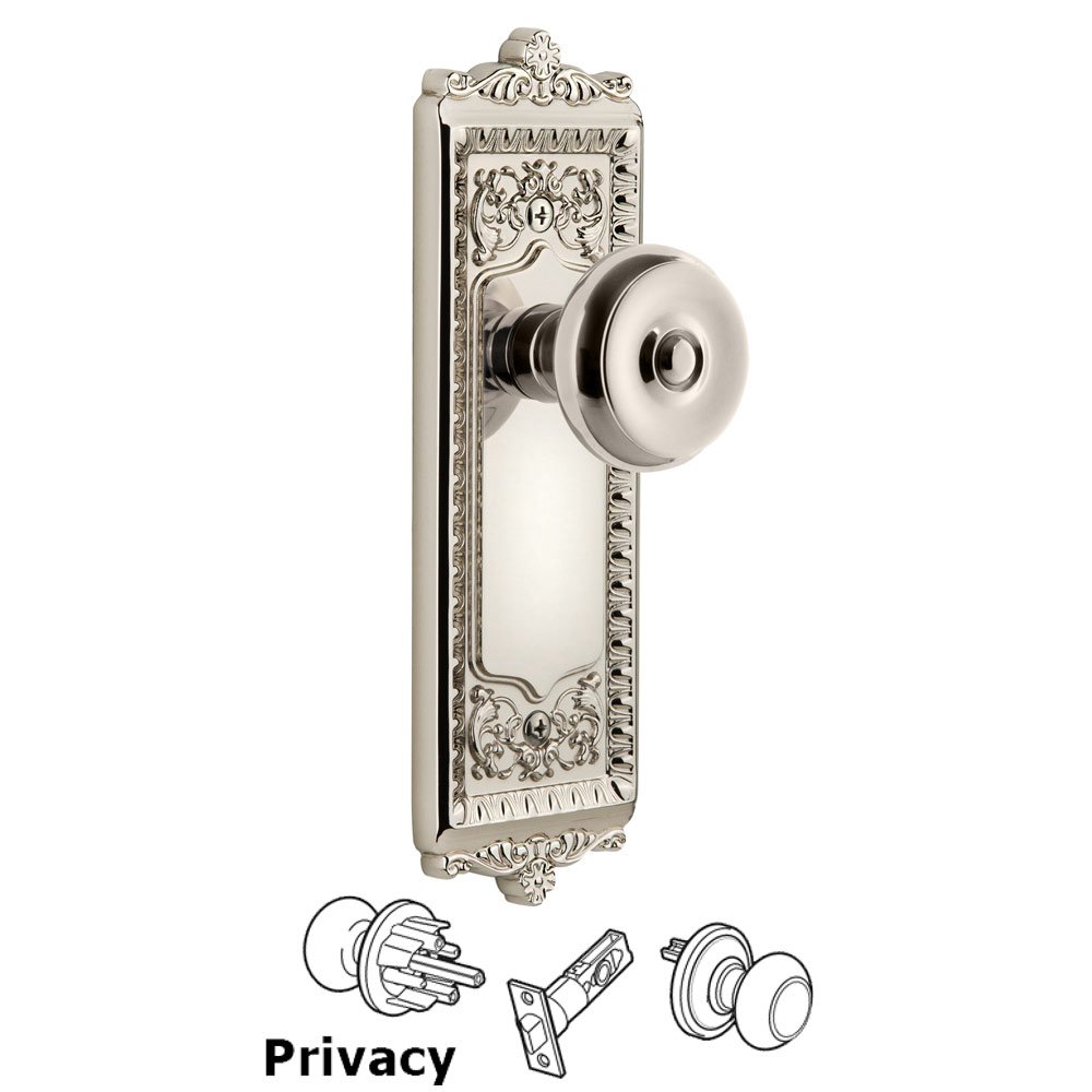 Grandeur Windsor Plate Privacy with Bouton Knob in Polished Nickel