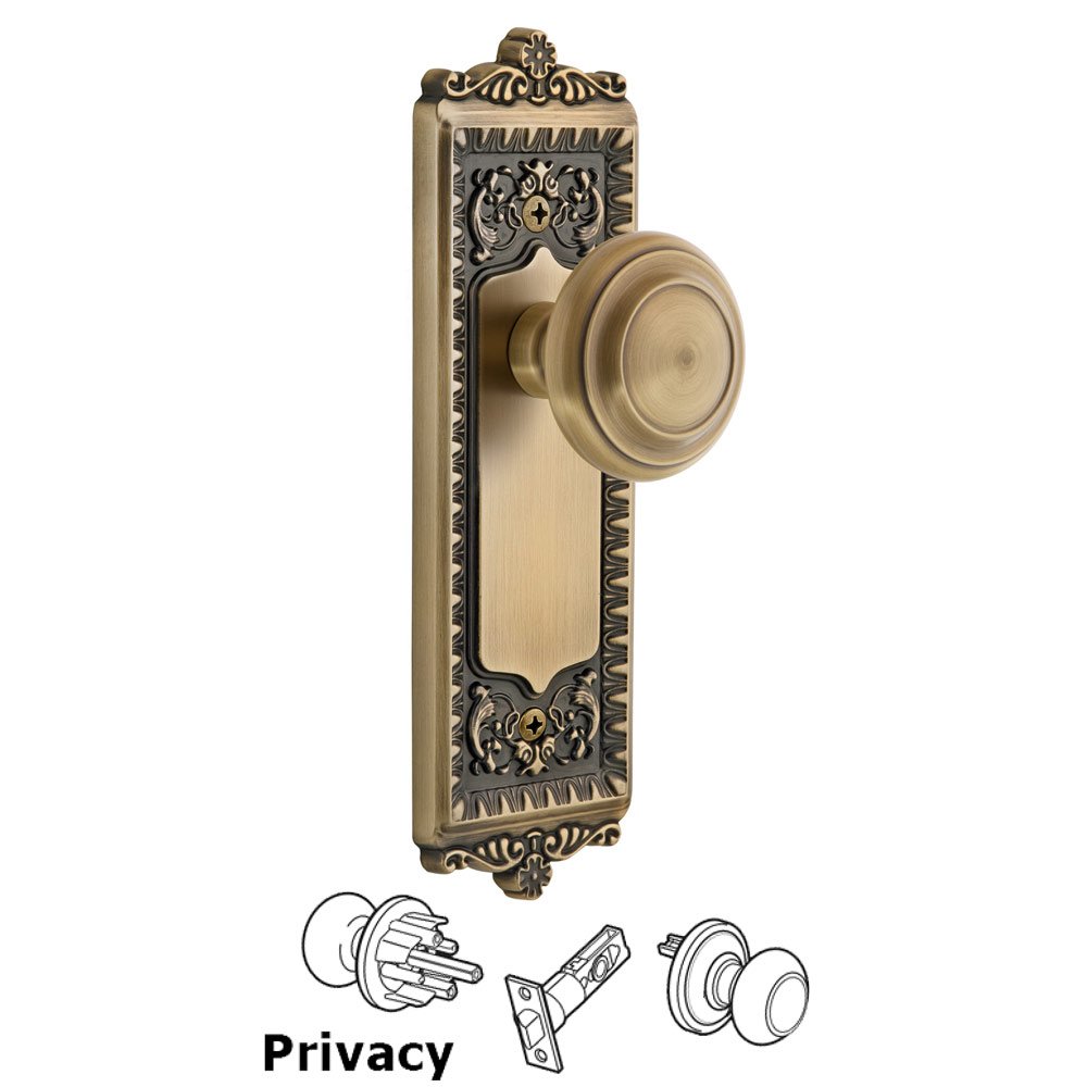 Grandeur Windsor Plate Privacy with Circulaire Knob in Vintage Brass