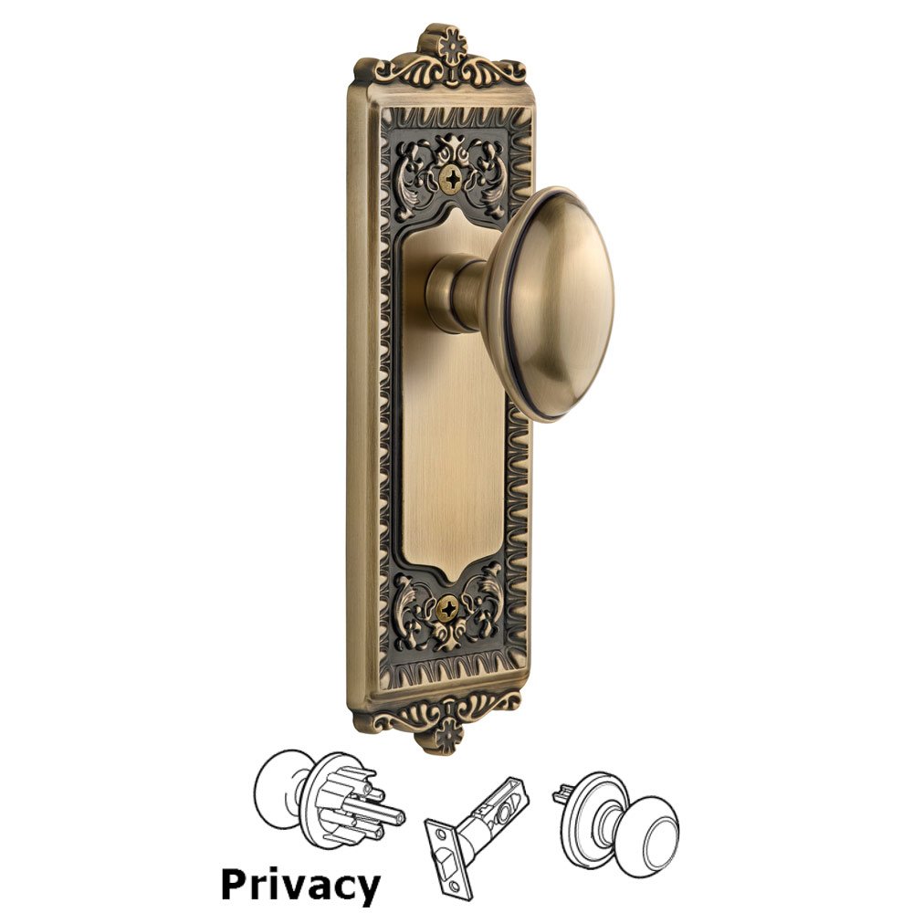 Grandeur Windsor Plate Privacy with Eden Prairie knob in Vintage Brass