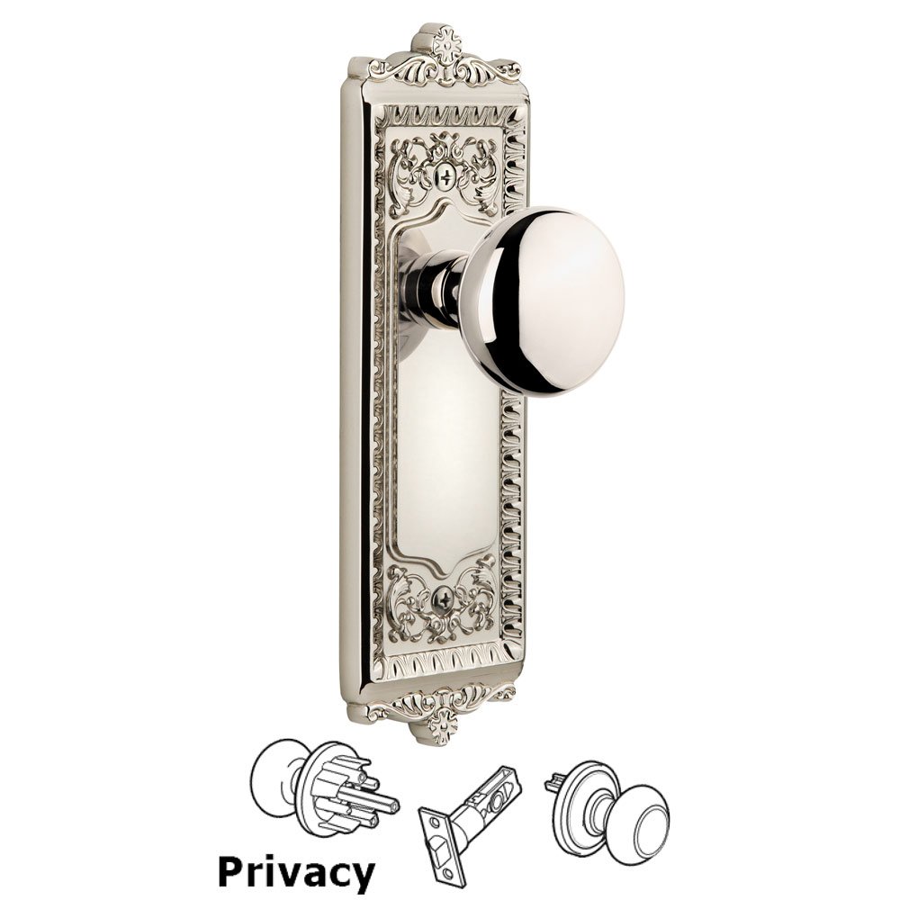 Grandeur Windsor Plate Privacy with Fifth Avenue knob in Polished Nickel