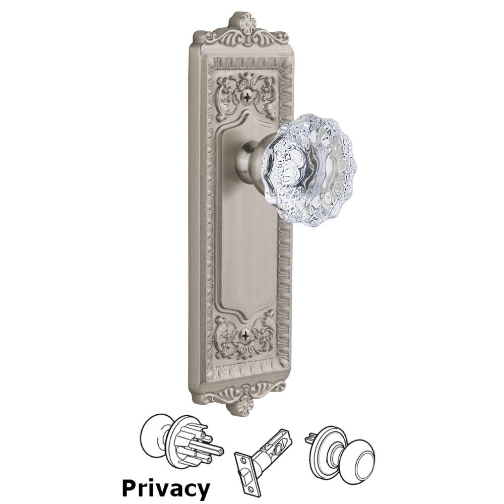 Grandeur Windsor Plate Privacy with Fontainebleau knob in Satin Nickel