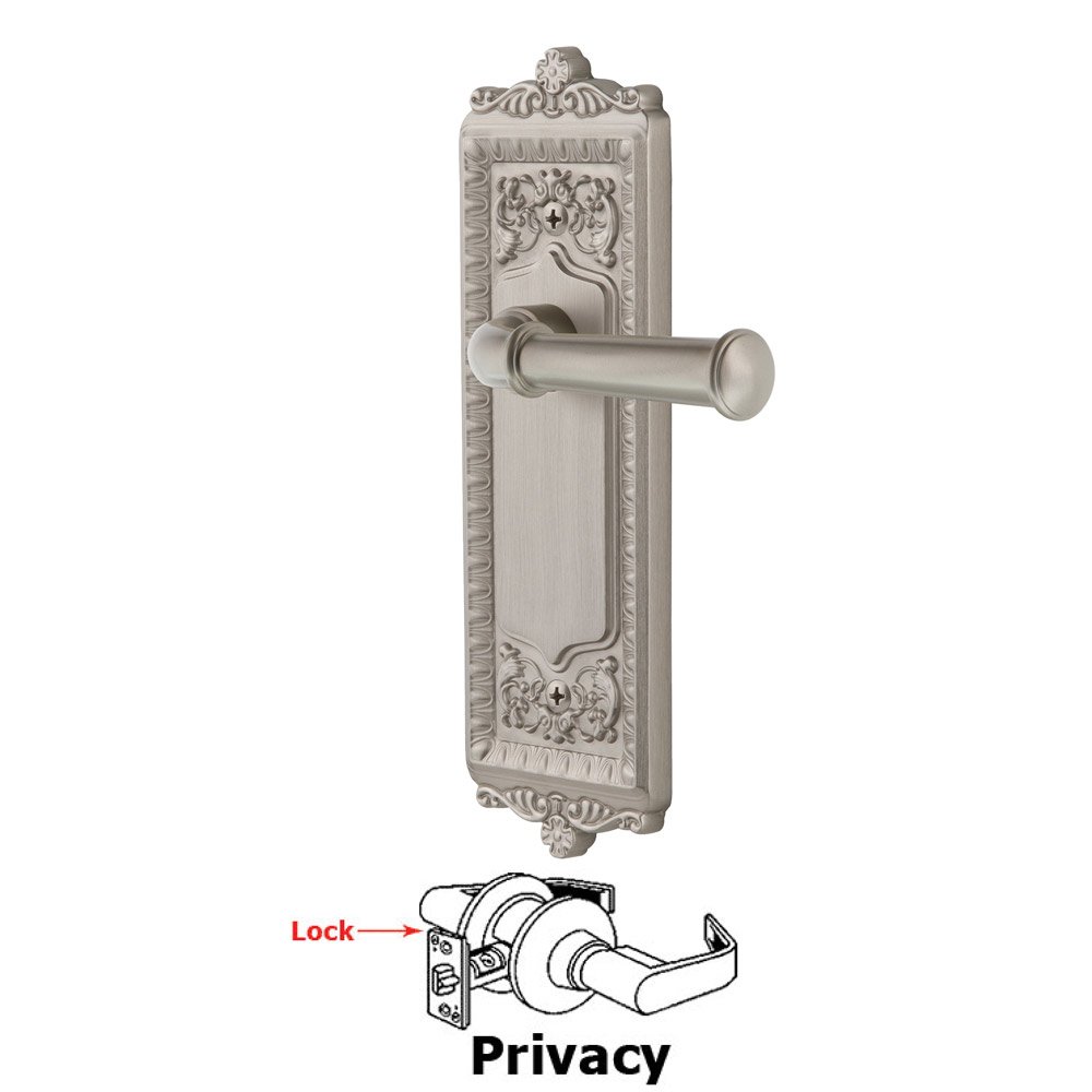 Grandeur Privacy Windsor Plate with Right Handed Georgetown Lever in Satin Nickel