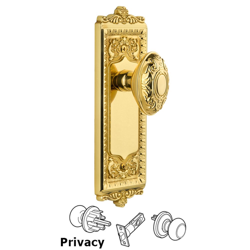 Grandeur Windsor Plate Privacy with Grande Victorian knob in Polished Brass