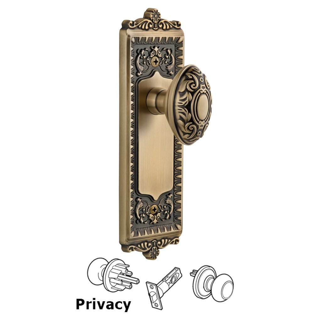 Grandeur Windsor Plate Privacy with Grande Victorian knob in Vintage Brass