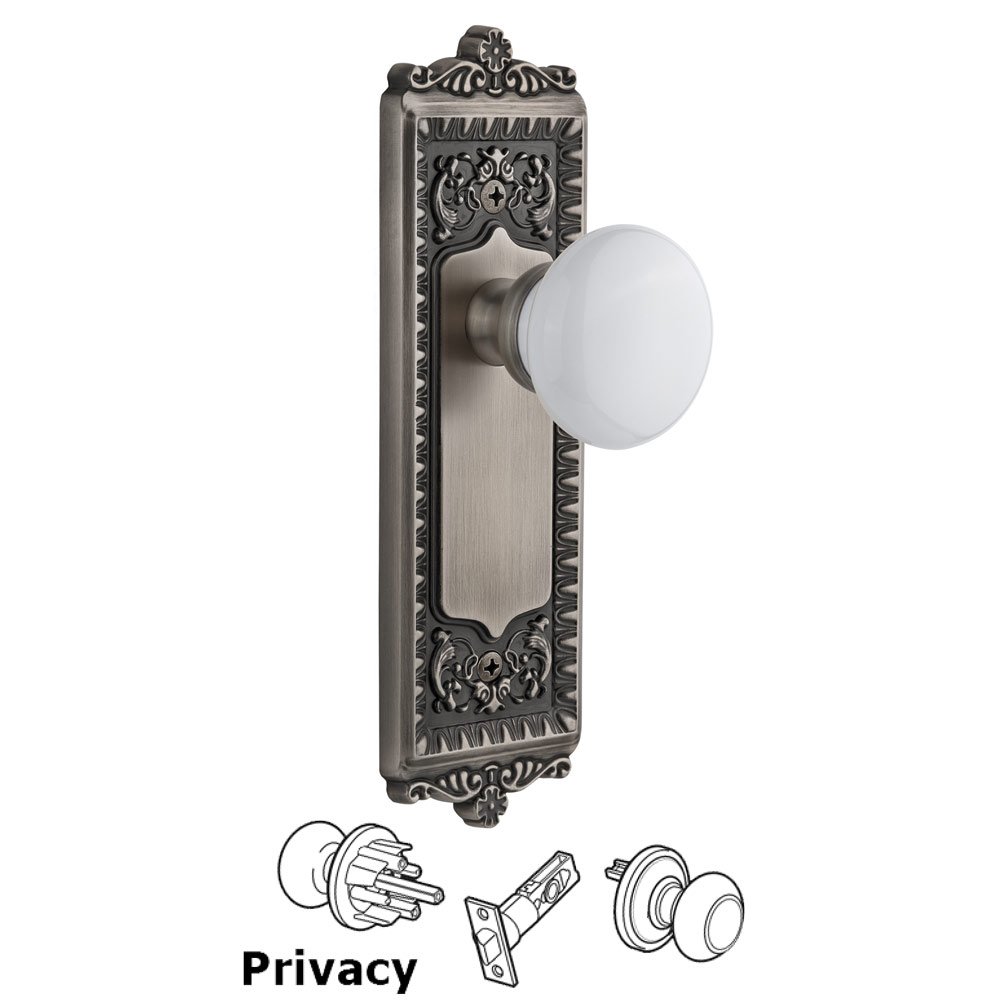 Grandeur Windsor Plate Privacy with Hyde Park White Porcelain Knob in Antique Pewter