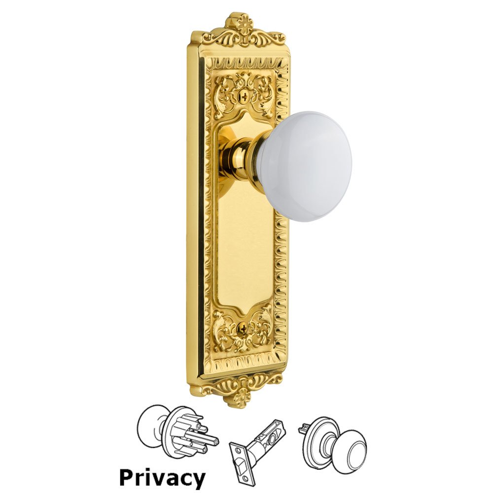 Grandeur Windsor Plate Privacy with Hyde Park White Porcelain Knob in Lifetime Brass