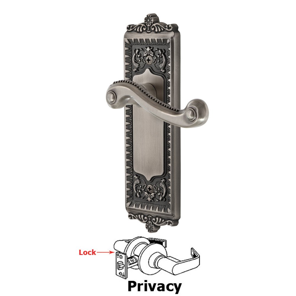 Grandeur Privacy Windsor Plate with Right Handed Newport Lever in Antique Pewter