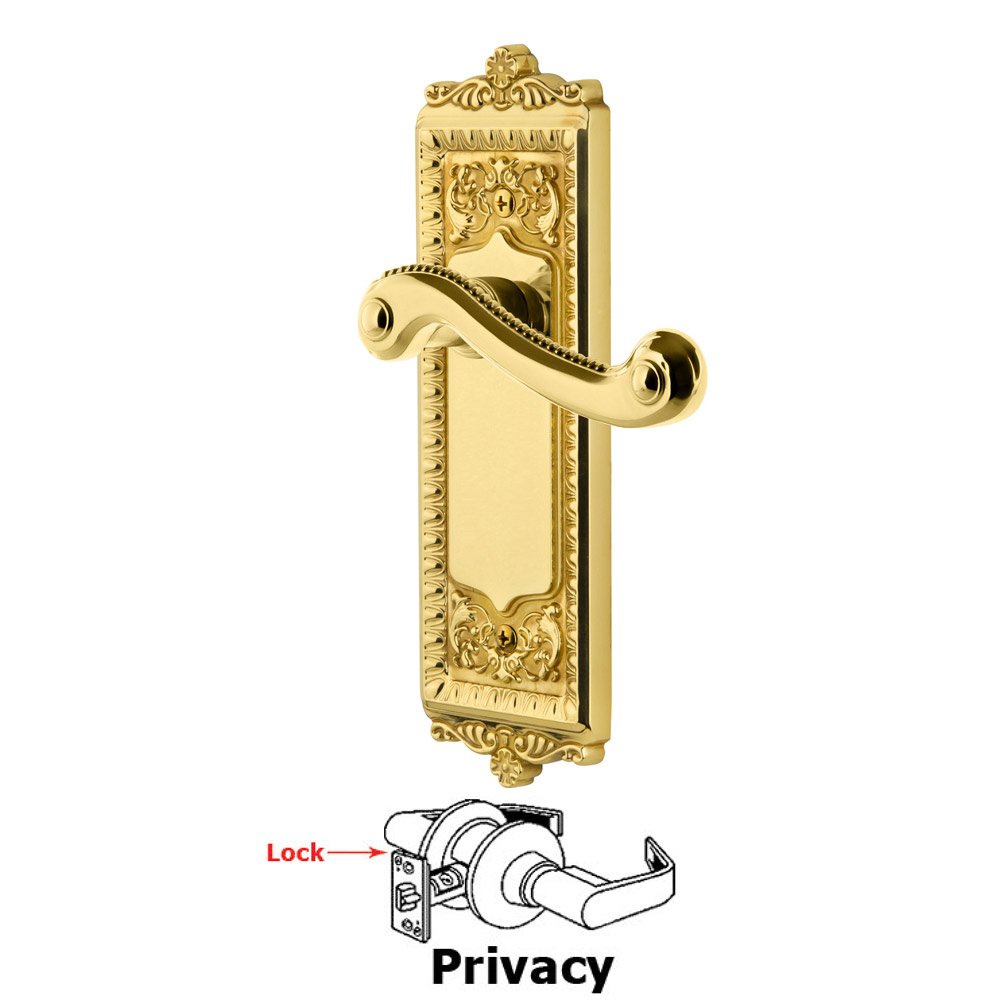 Grandeur Privacy Windsor Plate with Right Handed Newport Lever in Polished Brass