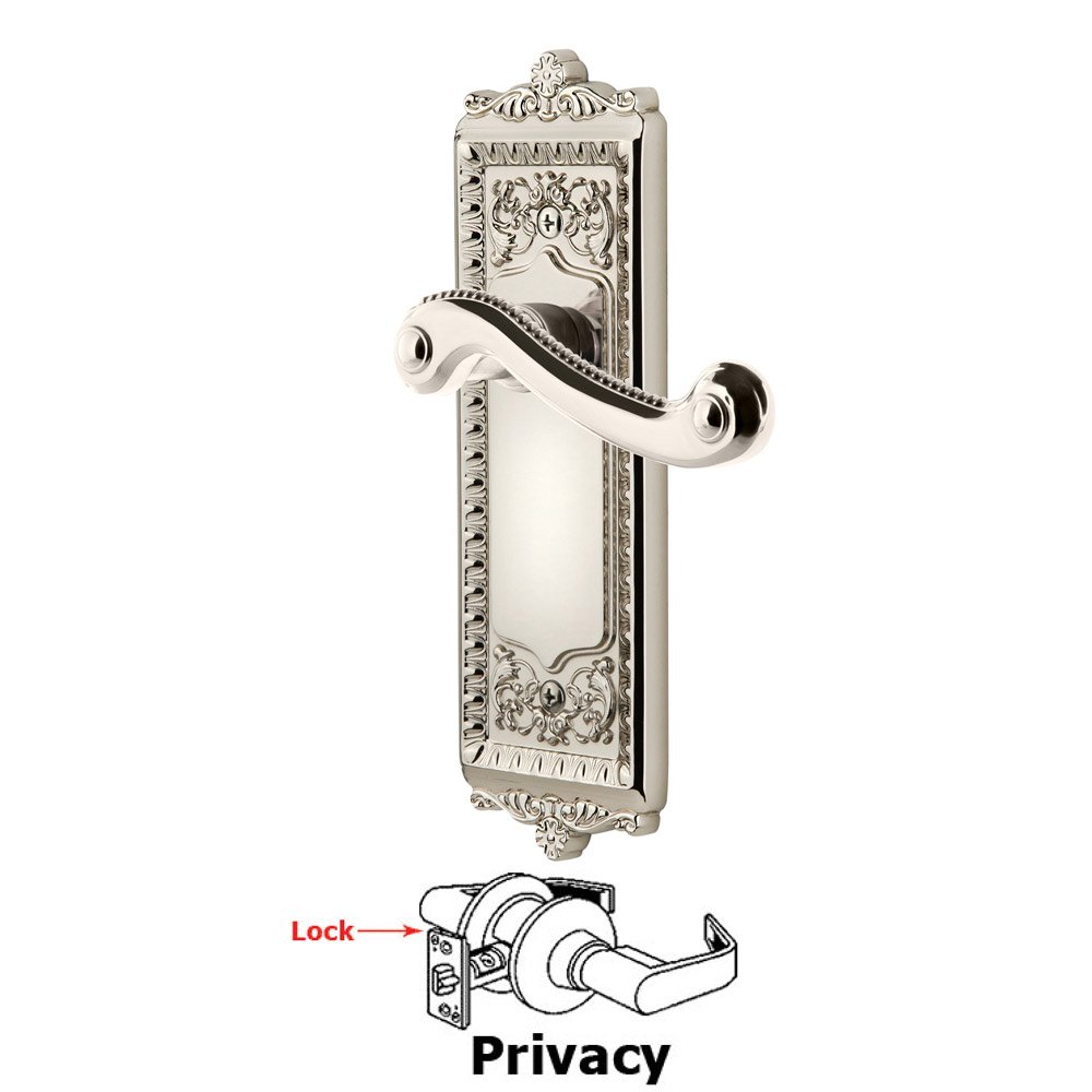 Grandeur Privacy Windsor Plate with Right Handed Newport Lever in Polished Nickel