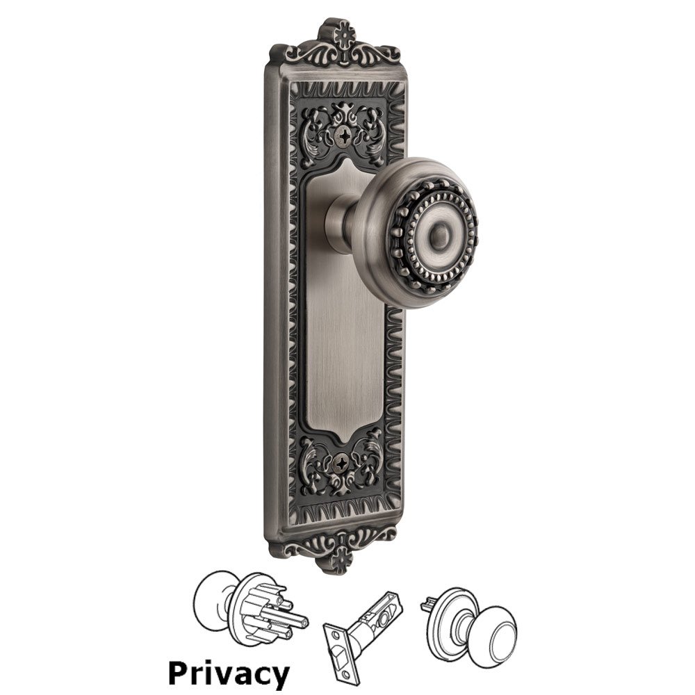 Grandeur Windsor Plate Privacy with Parthenon knob in Antique Pewter