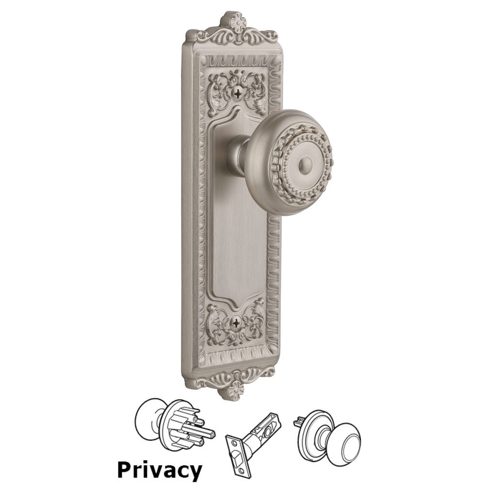 Grandeur Windsor Plate Privacy with Parthenon knob in Satin Nickel