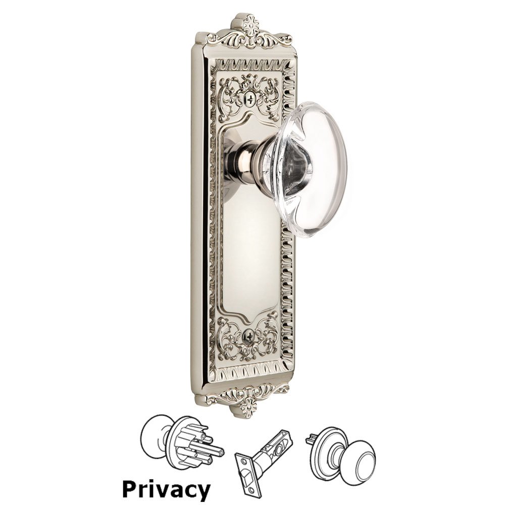 Grandeur Windsor Plate Privacy with Provence knob in Polished Nickel