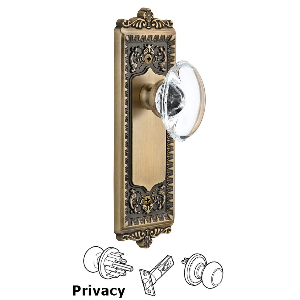 Grandeur Windsor Plate Privacy with Provence knob in Vintage Brass