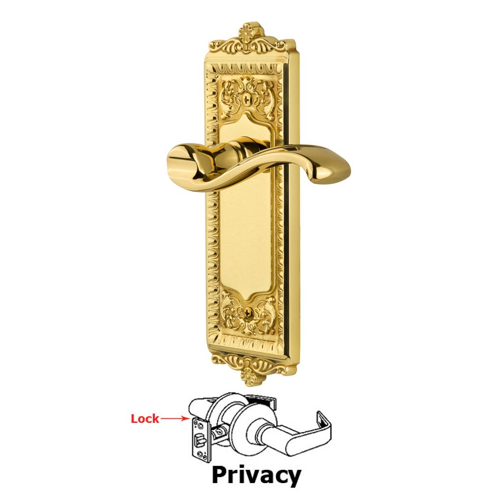 Grandeur Privacy Windsor Plate with Right Handed Portofino Lever in Polished Brass