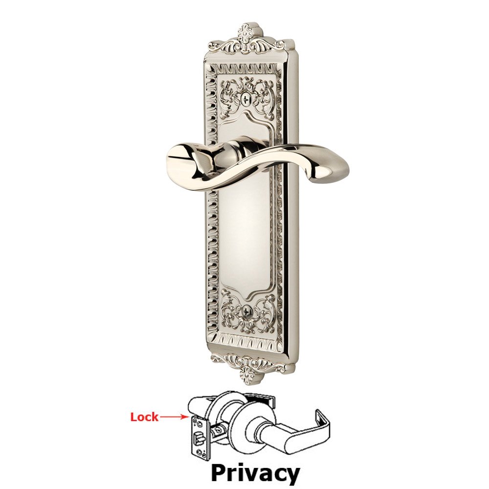 Grandeur Privacy Windsor Plate with Right Handed Portofino Lever in Polished Nickel