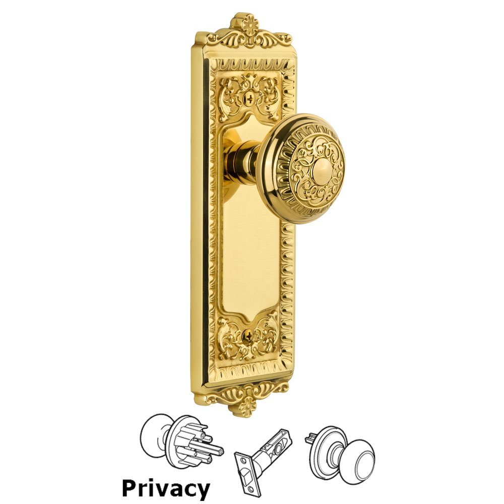 Grandeur Windsor Plate Privacy with Windsor knob in Polished Brass