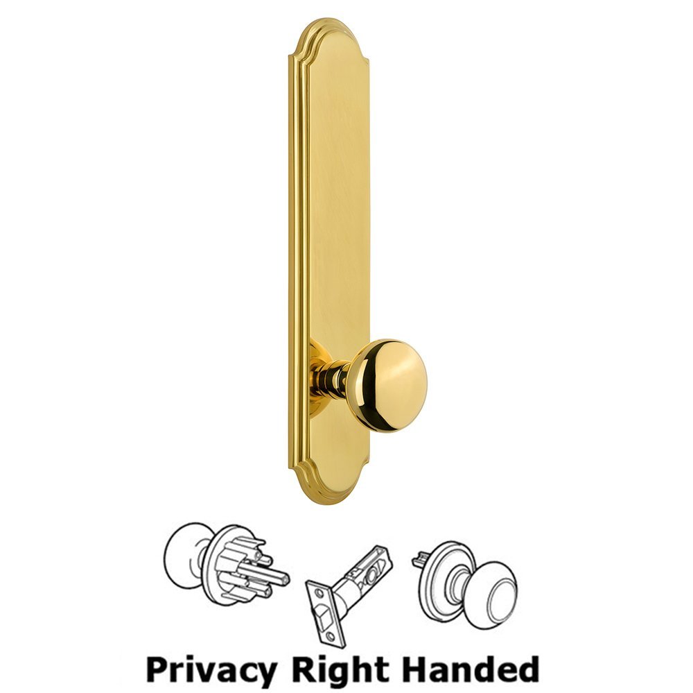 Grandeur Tall Plate Privacy with Fifth Avenue Right Handed Knob in Lifetime Brass