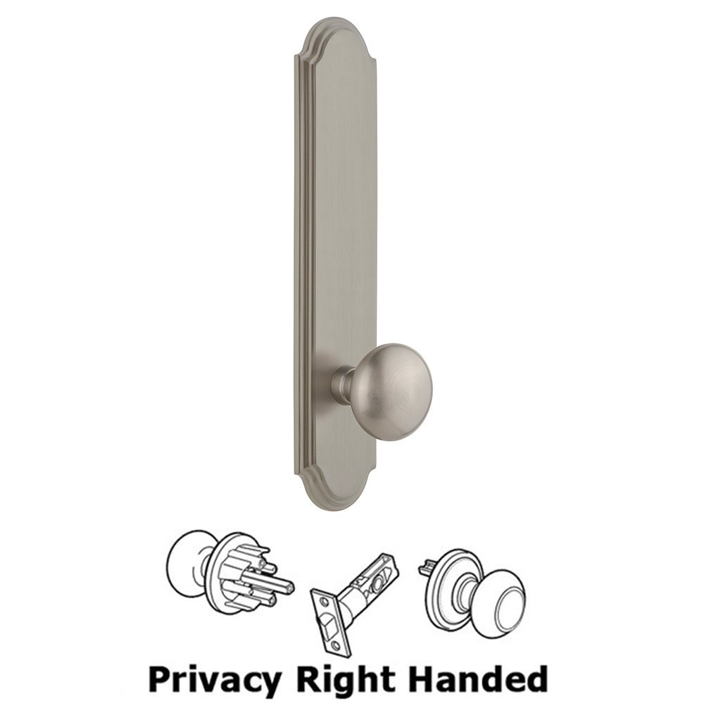 Grandeur Tall Plate Privacy with Fifth Avenue Right Handed Knob in Satin Nickel