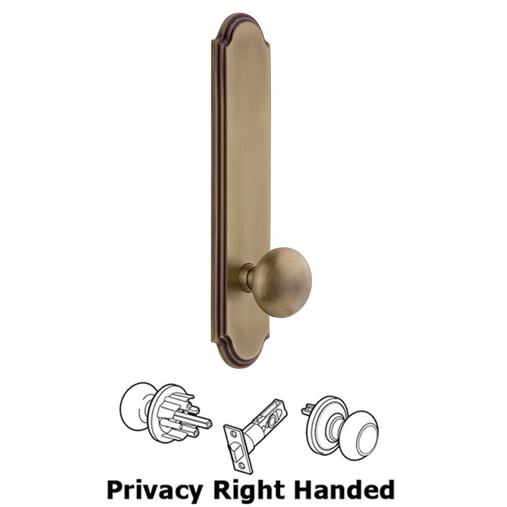 Grandeur Tall Plate Privacy with Fifth Avenue Right Handed Knob in Vintage Brass