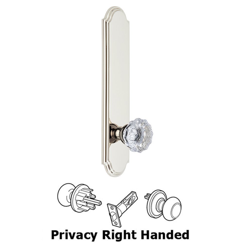 Grandeur Tall Plate Privacy with Fontainebleau Right Handed Knob in Polished Nickel