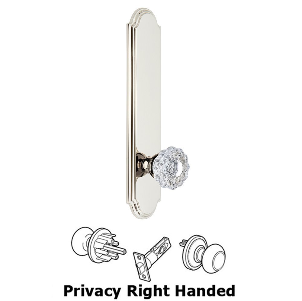 Grandeur Tall Plate Privacy with Versailles Right Handed Knob in Polished Nickel