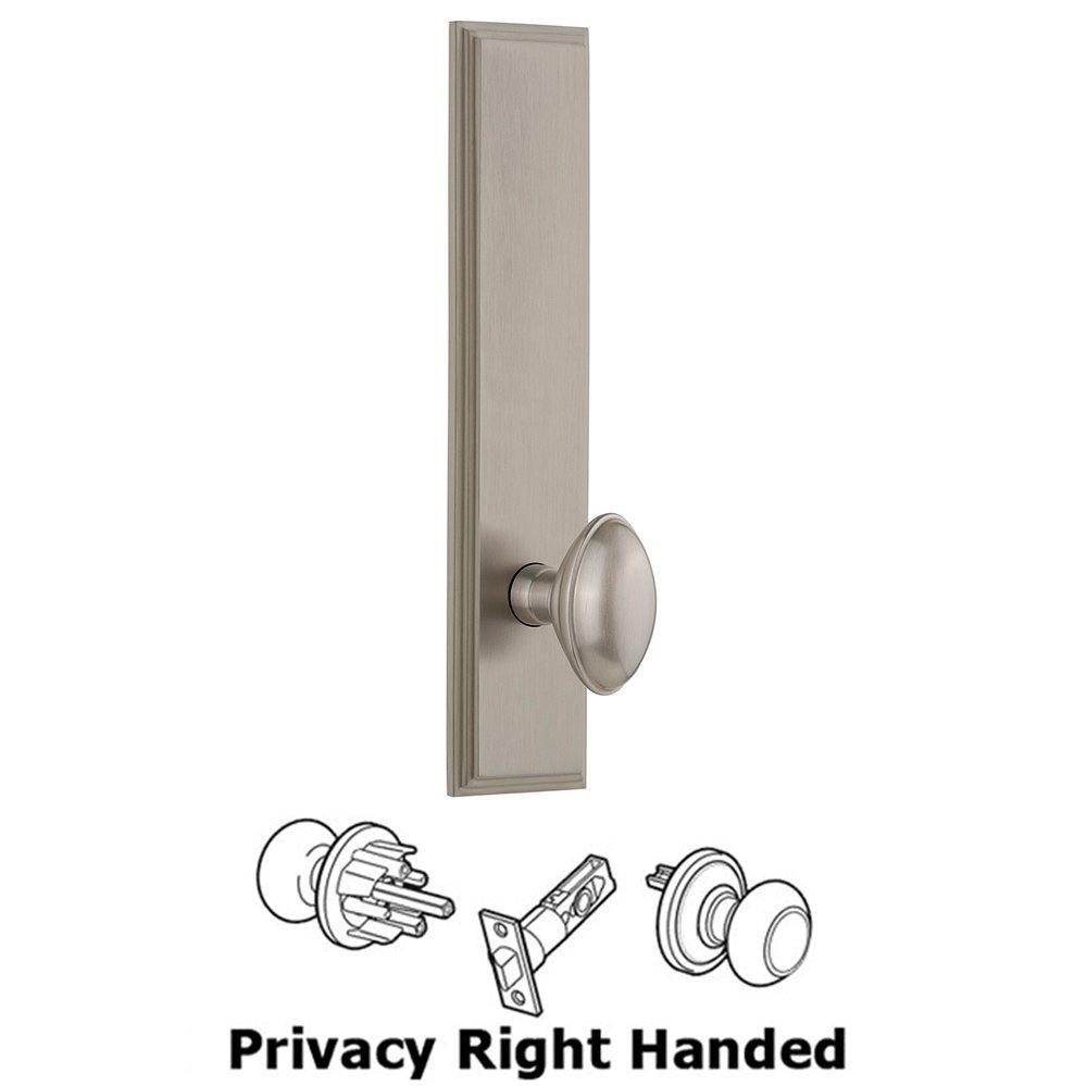 Grandeur Privacy Carre Tall Plate with Eden Prairie Right Handed Knob in Satin Nickel