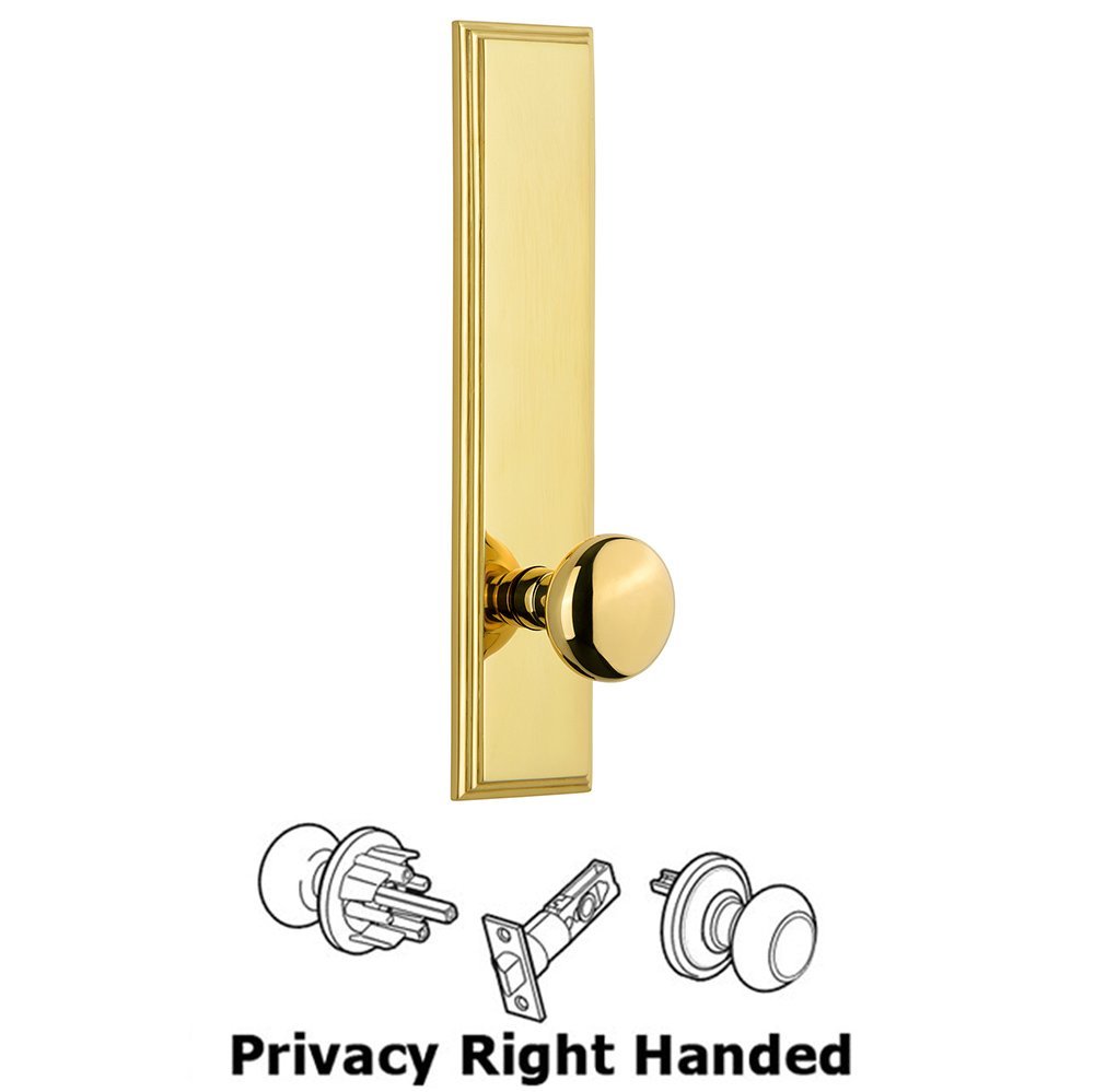 Grandeur Privacy Carre Tall Plate with Fifth Avenue Right Handed Knob in Polished Brass