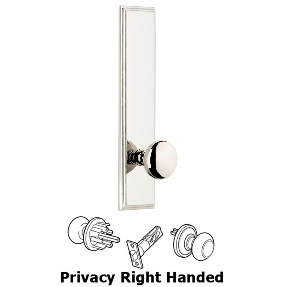 Grandeur Privacy Carre Tall Plate with Fifth Avenue Right Handed Knob in Polished Nickel
