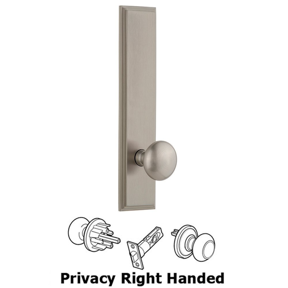 Grandeur Privacy Carre Tall Plate with Fifth Avenue Right Handed Knob in Satin Nickel
