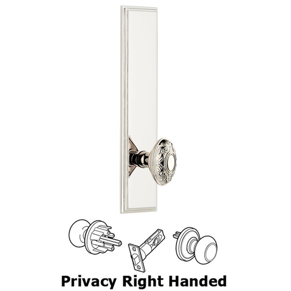 Grandeur Privacy Carre Tall Plate with Grande Victorian Right Handed Knob in Polished Nickel