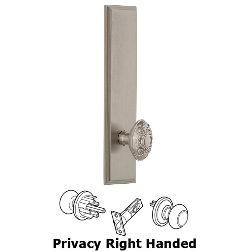 Grandeur Privacy Carre Tall Plate with Grande Victorian Right Handed Knob in Satin Nickel
