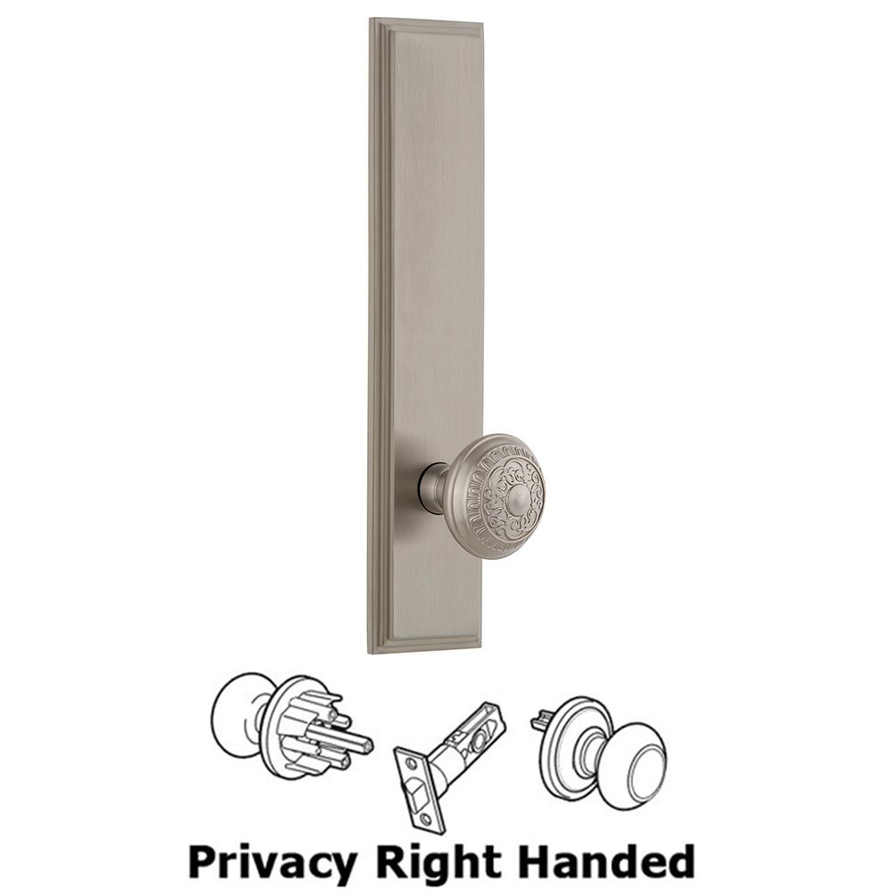 Grandeur Privacy Carre Tall Plate with Windsor Right Handed Knob in Satin Nickel