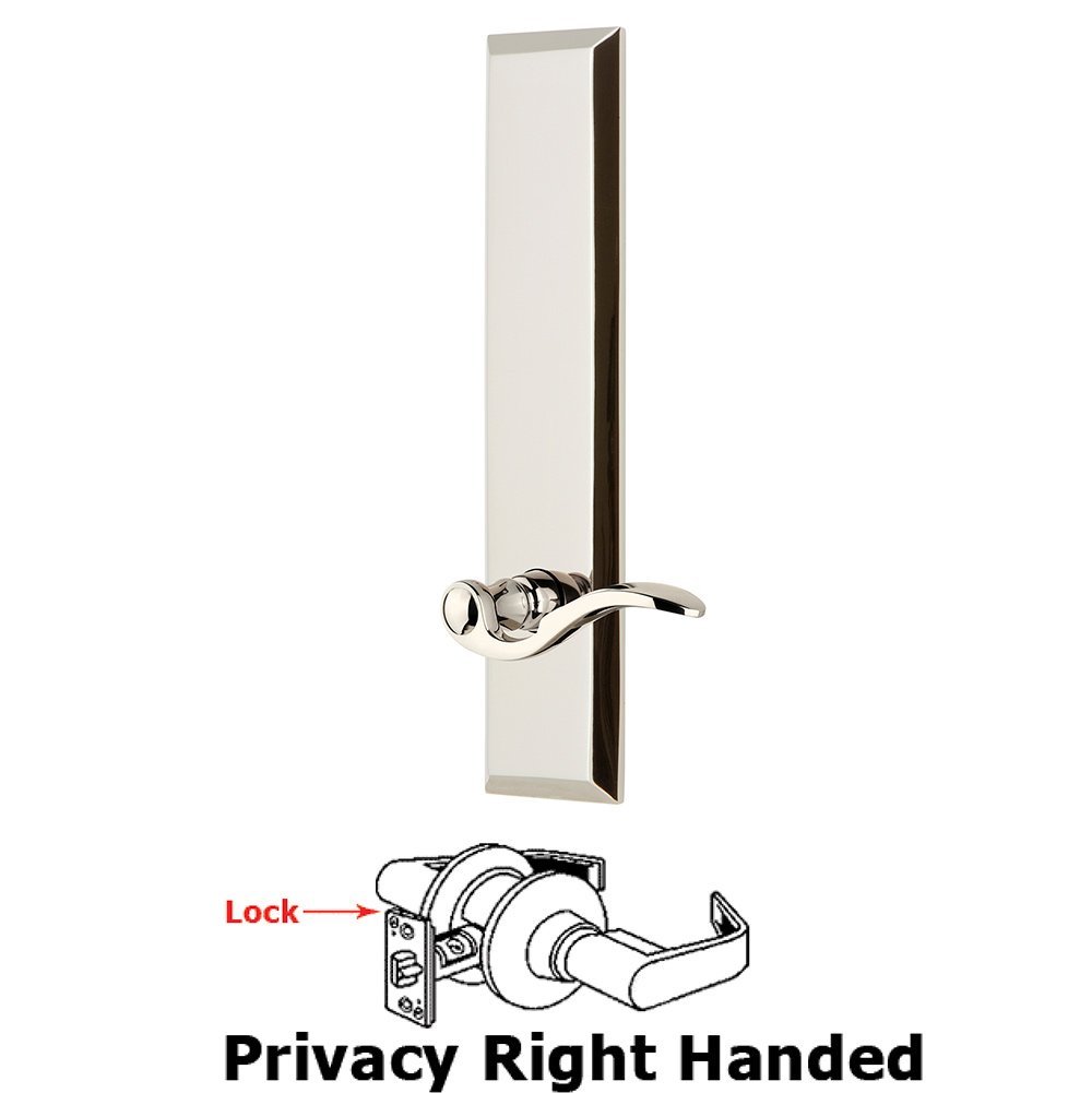 Grandeur Privacy Fifth Avenue Tall Plate with Bellagio Right Handed Lever in Polished Nickel