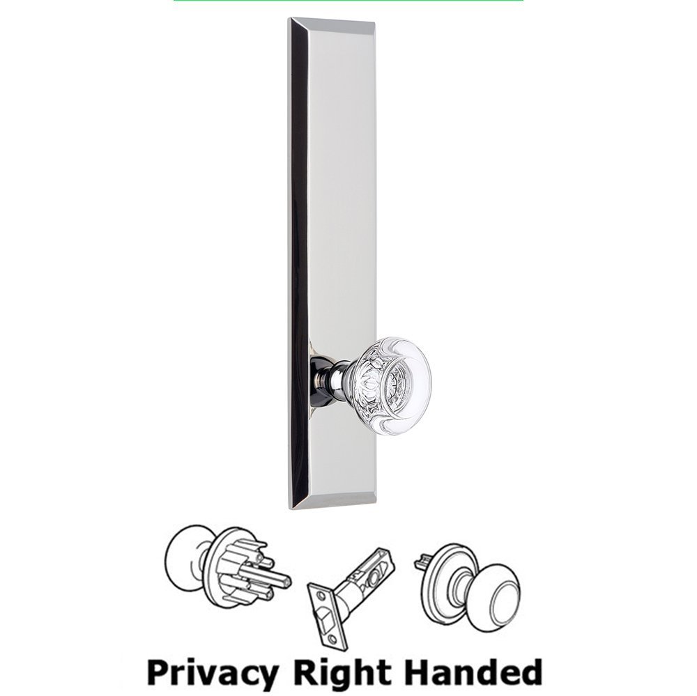 Grandeur Privacy Fifth Avenue Tall Plate with Bordeaux Right Handed Knob in Bright Chrome