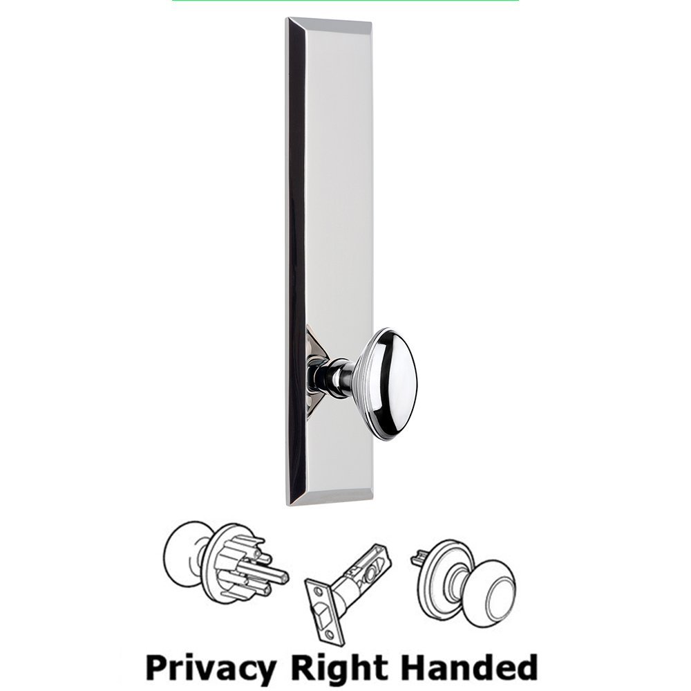 Grandeur Privacy Fifth Avenue Tall Plate with Eden Prairie Right Handed Knob in Bright Chrome