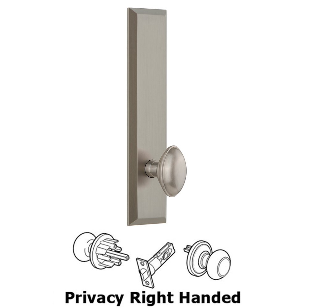 Grandeur Privacy Fifth Avenue Tall Plate with Eden Prairie Right Handed Knob in Satin Nickel