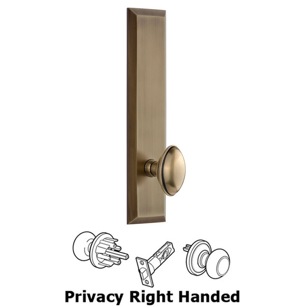 Grandeur Privacy Fifth Avenue Tall Plate with Eden Prairie Right Handed Knob in Vintage Brass
