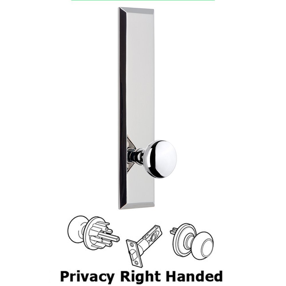 Grandeur Privacy Fifth Avenue Tall Plate with Right Handed Fifth Avenue Knob in Bright Chrome
