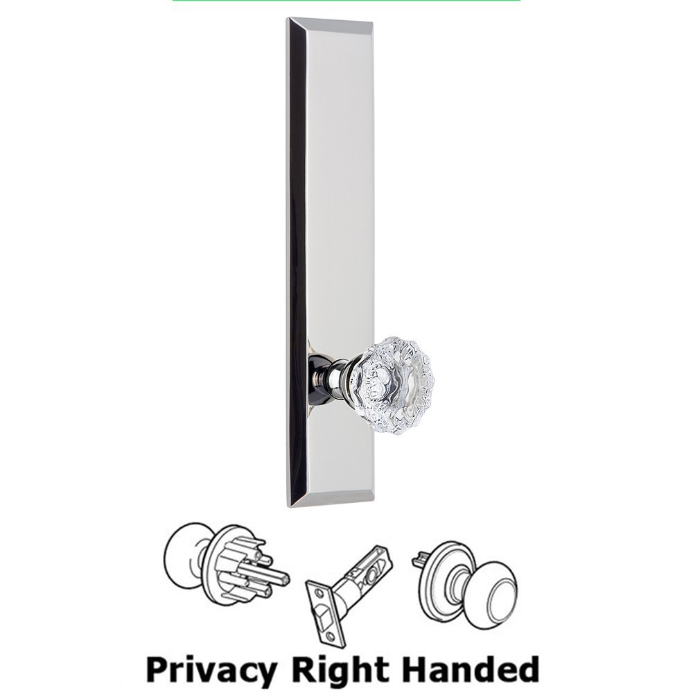 Grandeur Privacy Fifth Avenue Tall Plate with Fontainebleau Right Handed Knob in Bright Chrome