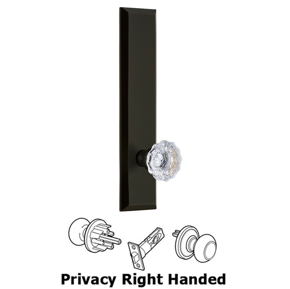 Grandeur Privacy Fifth Avenue Tall Plate with Fontainebleau Right Handed Knob in Timeless Bronze