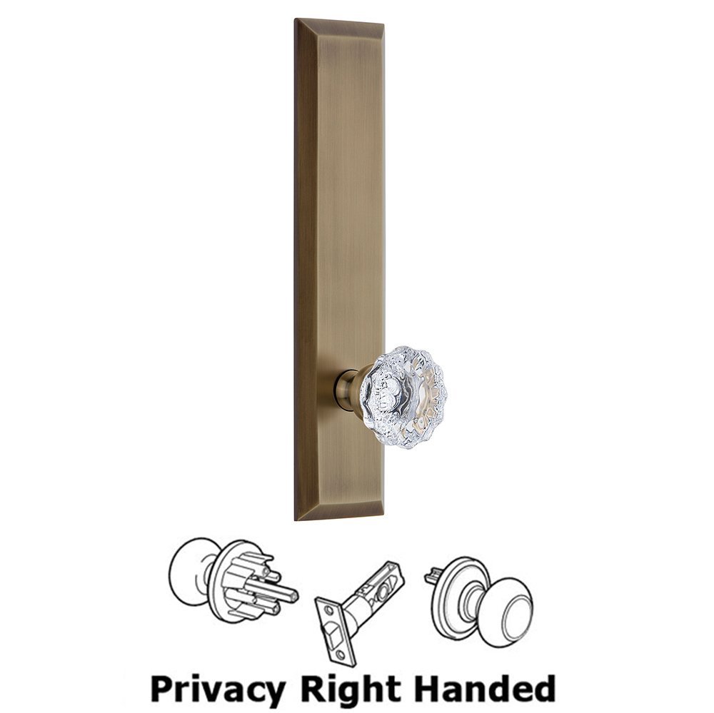 Grandeur Privacy Fifth Avenue Tall Plate with Fontainebleau Right Handed Knob in Vintage Brass