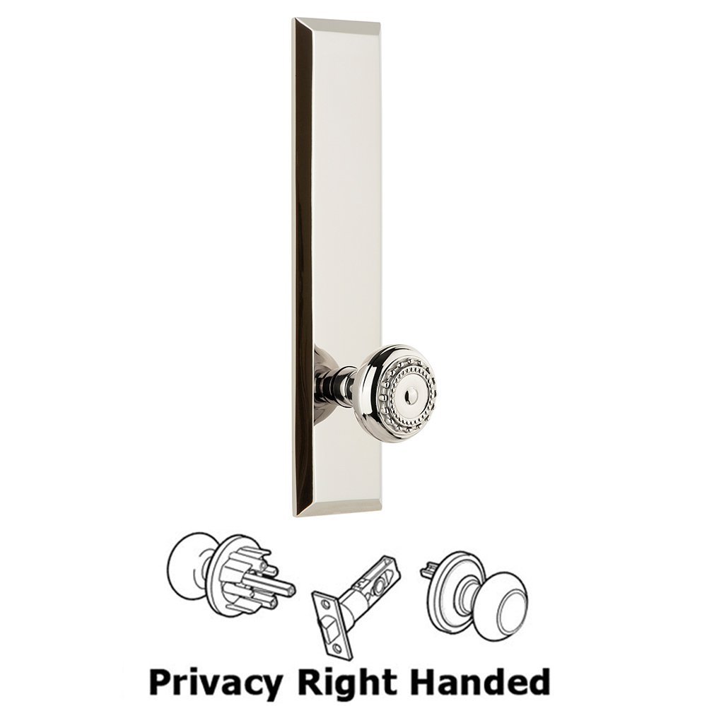 Grandeur Privacy Fifth Avenue Tall Plate with Parthenon Right Handed Knob in Polished Nickel