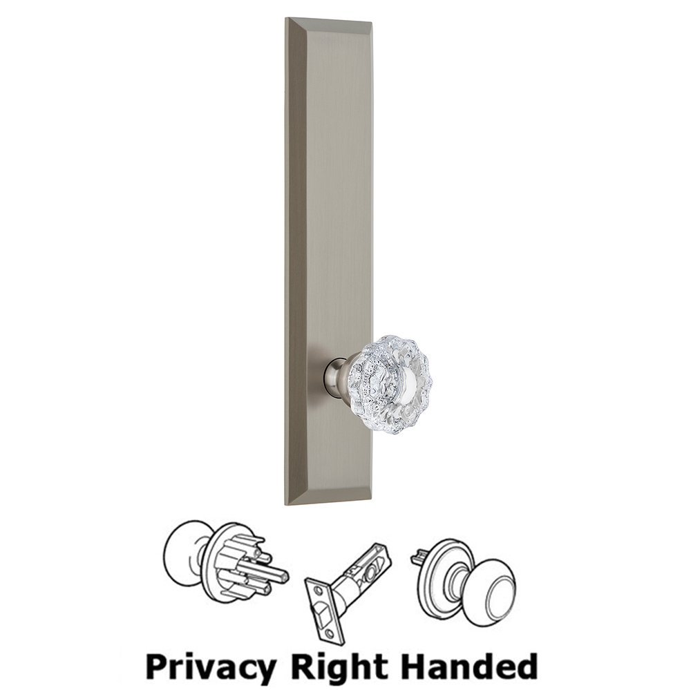 Grandeur Privacy Fifth Avenue Tall Plate with Versailles Right Handed Knob in Satin Nickel