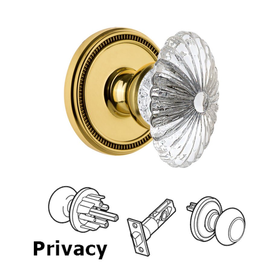 Grandeur Soleil Rosette Privacy with Burgundy Crystal Knob in Polished Brass