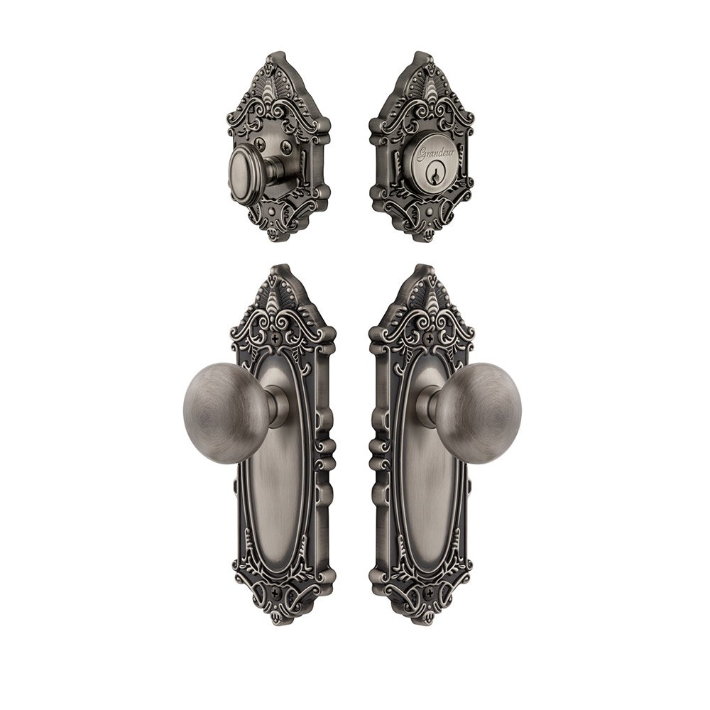 Grandeur Handleset - Grande Victorian Plate With Fifth Avenue Knob & Matching Deadbolt In Antique Pewter