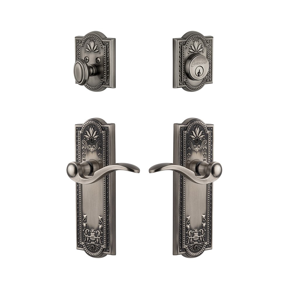 Grandeur Parthenon Plate With Bellagio Lever & Matching Deadbolt In Antique Pewter