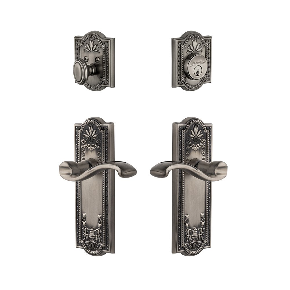 Grandeur Parthenon Plate With Portfino Lever & Matching Deadbolt In Antique Pewter
