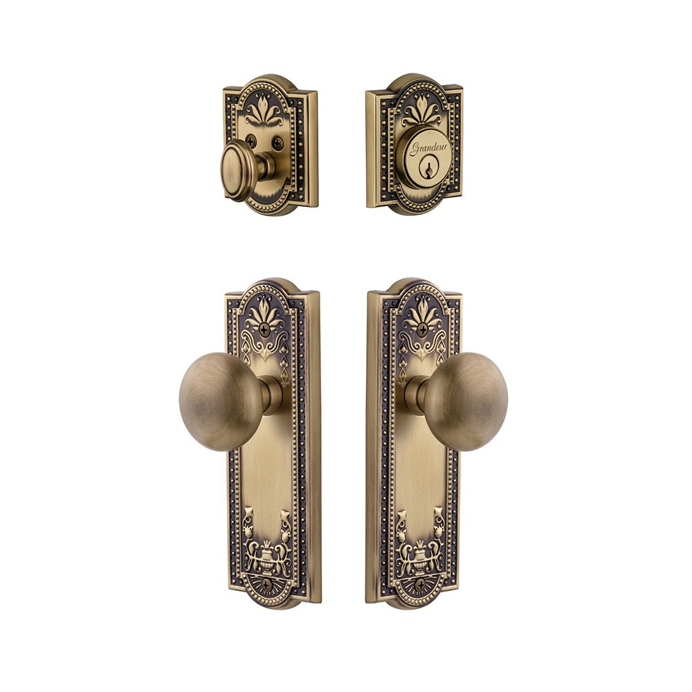 Grandeur Parthenon Plate With Fifth Avenue Knob & Matching Deadbolt In Vintage Brass