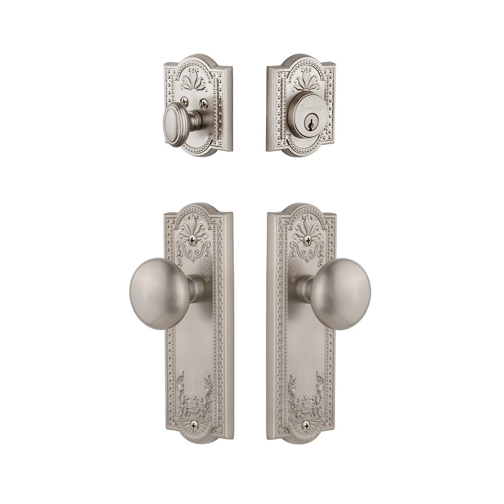 Grandeur Parthenon Plate With Fifth Avenue Knob & Matching Deadbolt In Satin Nickel