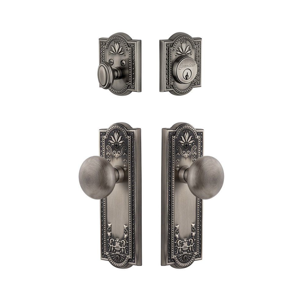Grandeur Parthenon Plate With Fifth Avenue Knob & Matching Deadbolt In Antique Pewter